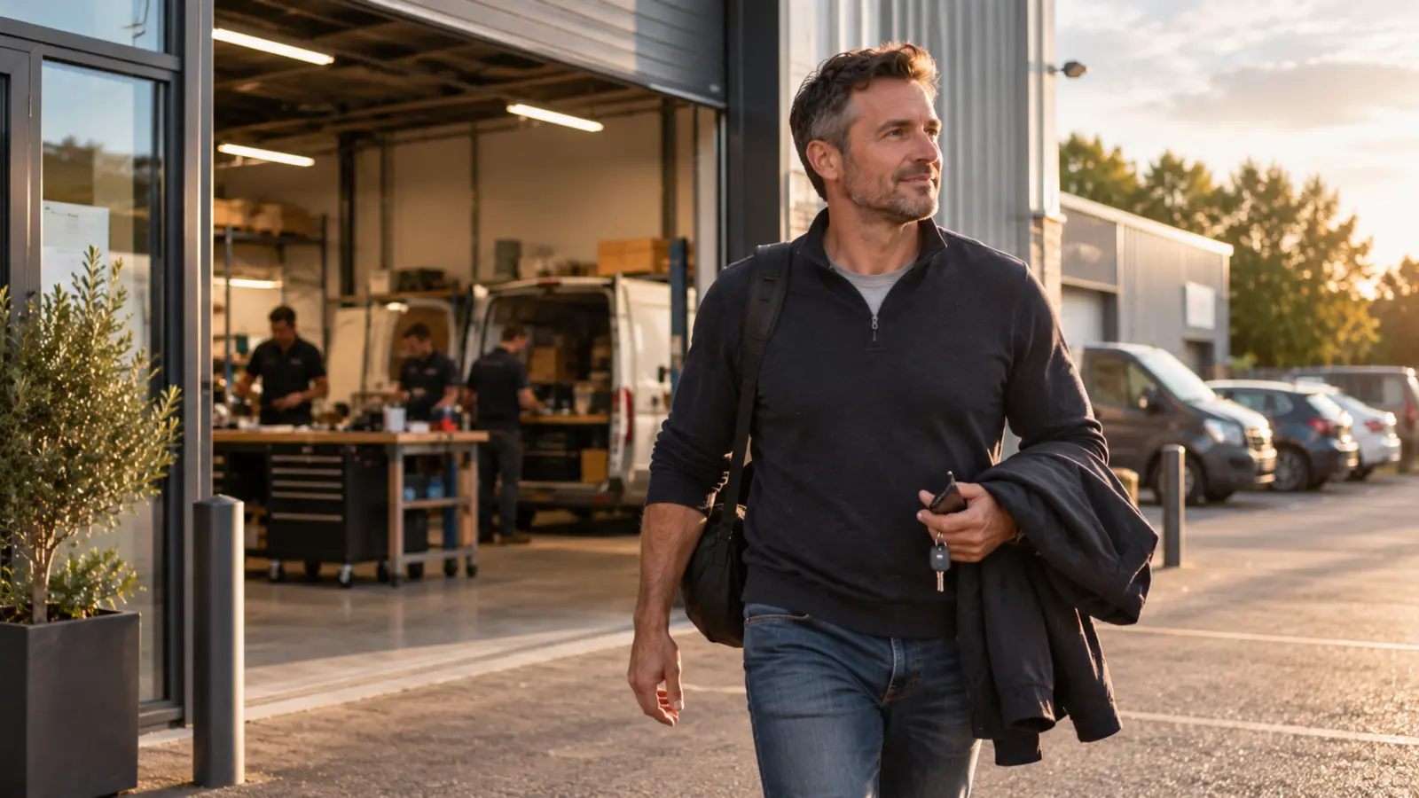 A business owner leaving his workplace at the end of the day