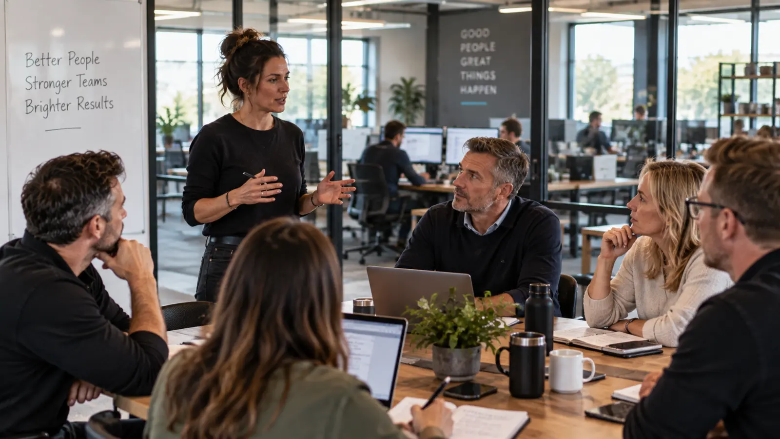 A Guide facilitating a focused development conversation with an organisational team